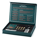 Gentlemen's Hardware Golf Kit, open green gift box displaying golf tees, a divot tool, ball marker, bottle opener, and golf tips and trivia on the lid.