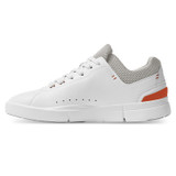 On Running Men's The Roger Advantage, a white athletic shoe with a sleek design, grey mesh details, and an orange accent on the heel.