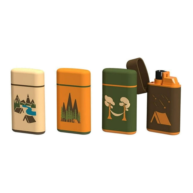 MK Lighter Camper Torch Flame Lighter, set of four portable camping lighters with outdoor thematic designs including mountains, trees, a hammock, and a tent.