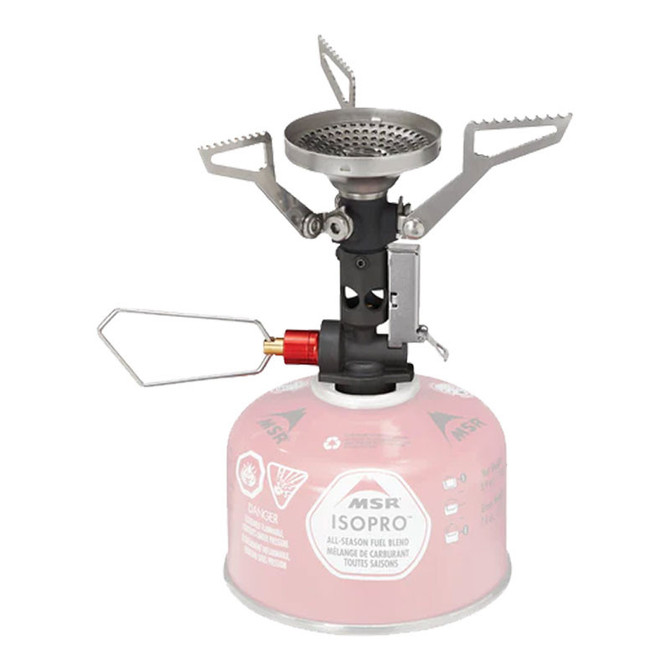 CASCADE DESIGNS Cascade Designs PocketRocket Deluxe compact camping stove with silver pot stand and red fuel canister connector.
