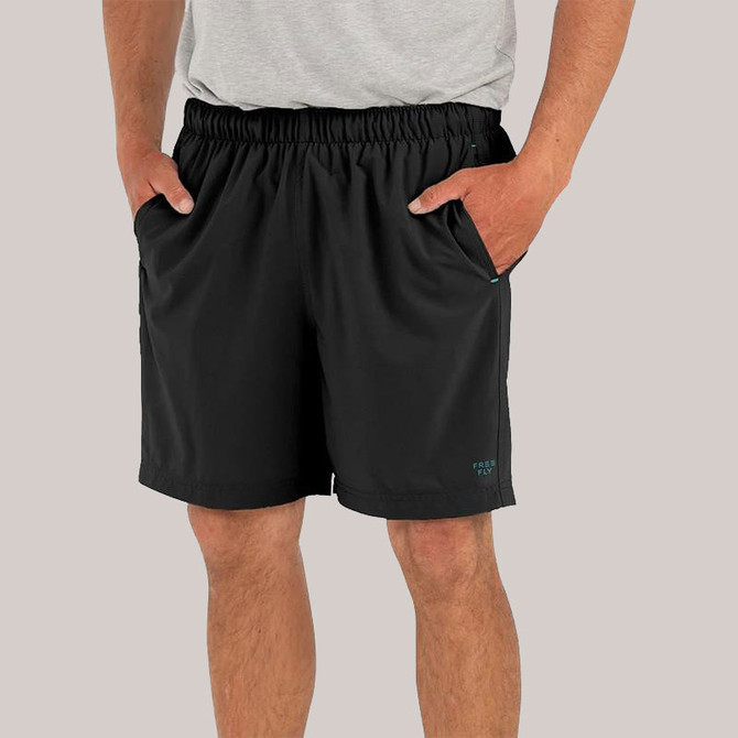 Free Fly Apparel Free Fly Men's Breeze Short - 6'' Inseam, black sporty swim shorts with elastic waistband and side pockets.