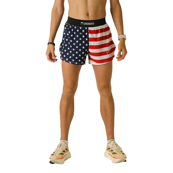 ChicknLegs Running Shorts, men's 4-inch half split shorts featuring an American flag design with stars on one side and stripes on the other.