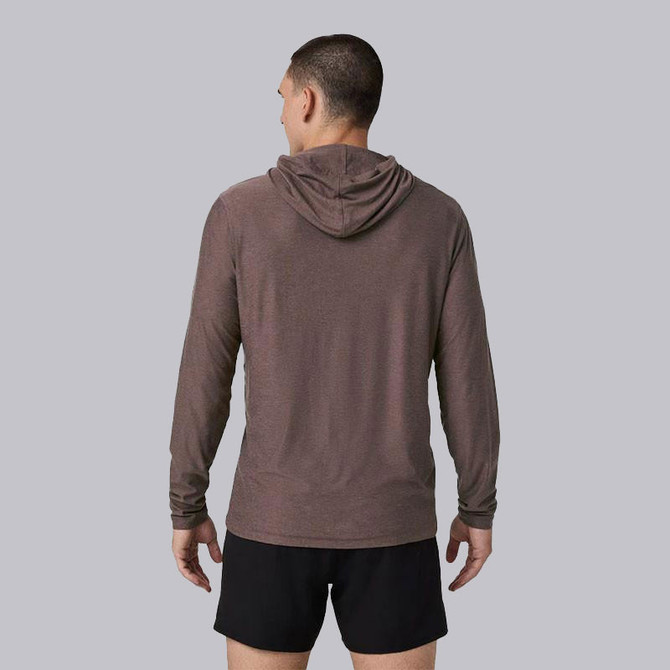 Vuori Men's Strato Tech Hoodie, back view of a man wearing a brown hoodie with a hood, casual fit, made of performance fabric.