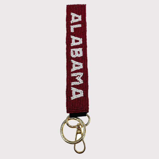 Queens Designs Game Day Beaded Straps, Red beaded strap with white 'GAME DAY' text and gold-colored clip and keyring.