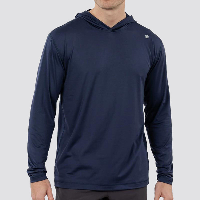 Rhoback Men's Blitz Tech Hoodie, navy blue long sleeve athletic hoodie with hood and minimal branding.