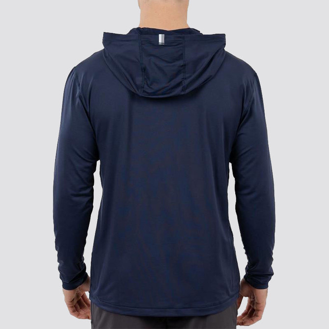 Rhoback Men's Blitz Tech Hoodie, back view of navy blue lightweight athletic hoodie with attached hood and long sleeves.