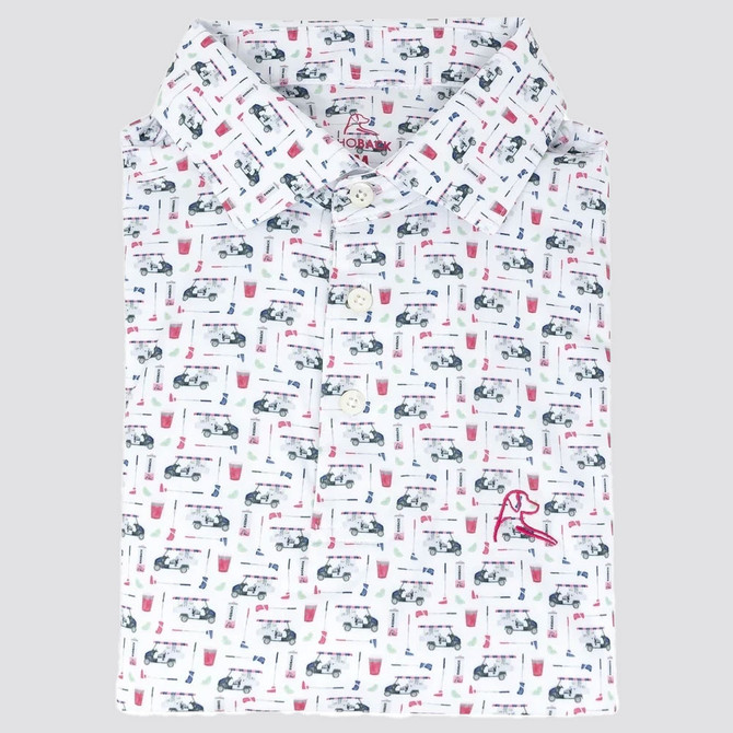 Rhoback Men's Short Sleeve Print Performance Polo, white shirt with golf cart and beverage print design.