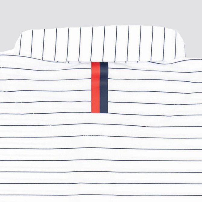 Rhoback Men's Short Sleeve The Captain Stripe Performance Polo, white with blue vertical stripes and a navy and red vertical stripe on the collar.