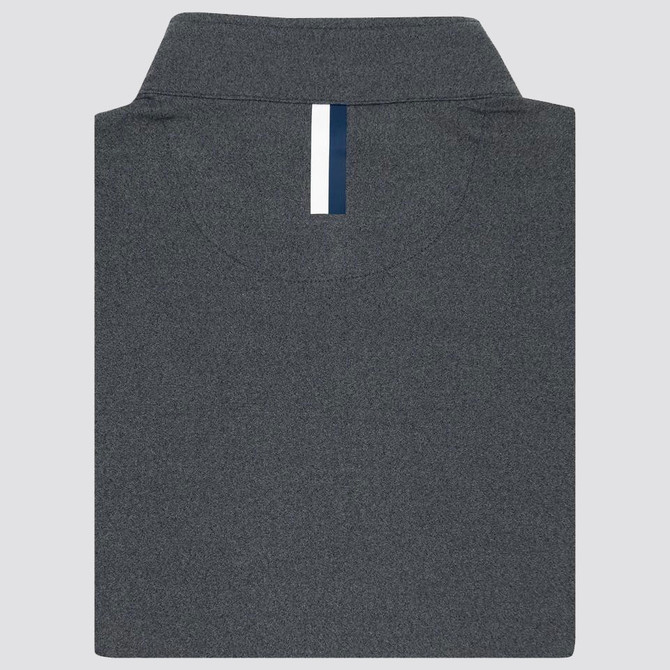 Rhoback Men's Heather Performance Q-Zip, close-up image of a dark gray heather performance quarter-zip pullover with a high collar and a vertical zip closure.