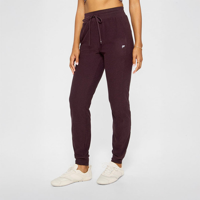 Fabletics Women's Cloud Jersey Jogger, maroon athletic joggers with drawstring waist and tapered fit.