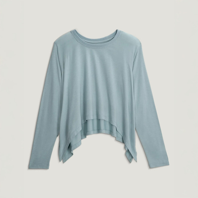 Free Fly Women's Bamboo Lightweight Cropped Long Sleeve, light blue long sleeve blouse with a relaxed fit and high-low hem.