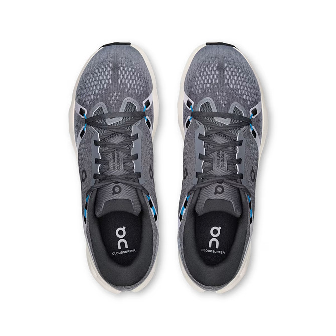 On Running Men's Cloudsurfer 2, top view of gray athletic running shoes with black laces and white soles.
