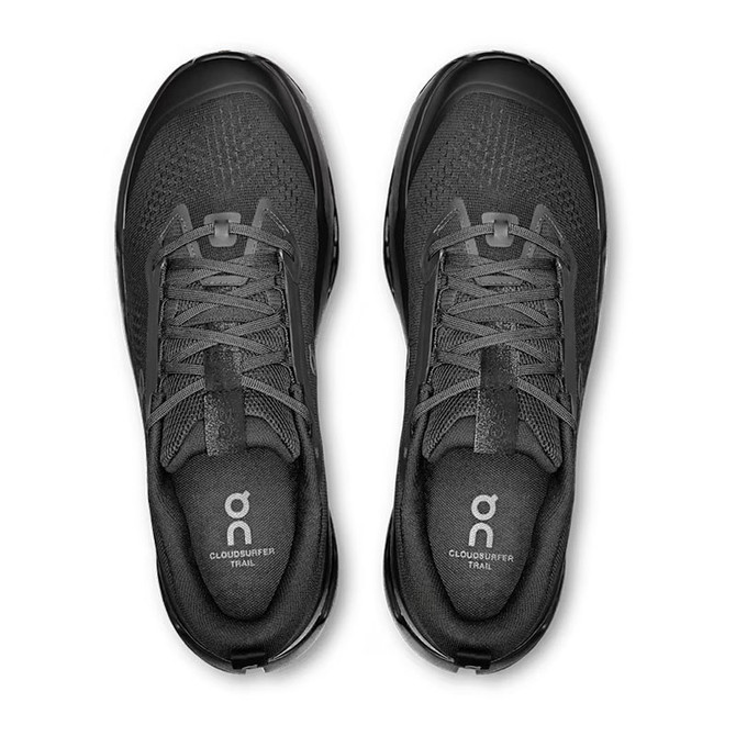 On Running Men's Cloudsurfer Trail 2, pair of black and grey trail running shoes viewed from above.