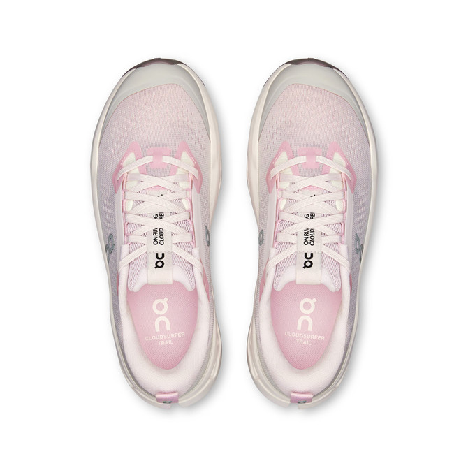 On Running Women's Cloudsurfer Trail 2, light pink and white trail running shoes from a top view.