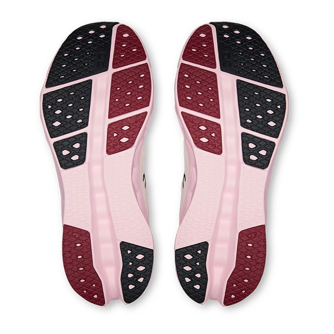 On Running Women's Cloudsurfer 2, view of the sole showing black, pink, and burgundy cushioning and traction patterns.