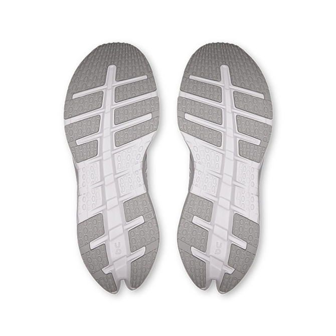 On Cloudrunner 3 Men's Running Shoes, view of the soles showing gray and white rubber outsole with flex grooves for traction and flexibility.