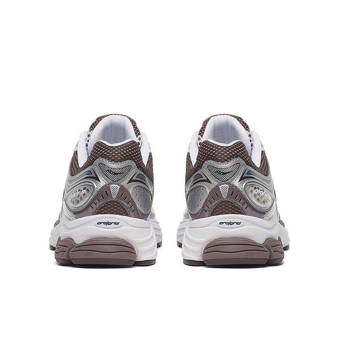 Saucony Unisex Progrid Omni 9, rear view of the athletic running shoes showcasing their gray and brown color scheme with cushioned midsoles and advanced support technology.