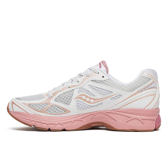 Saucony Unisex Progrid Guide 7 Shoes, white and pink athletic running shoes with breathable mesh upper and cushioned sole.