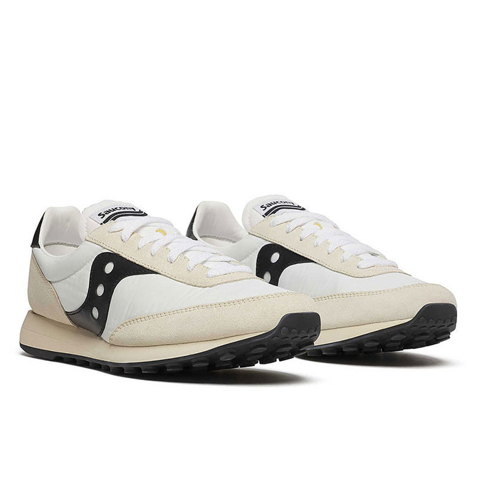 Saucony Unisex Trainer 80 Shoes, stylish white sneakers with black and beige accents and a durable rubber sole.