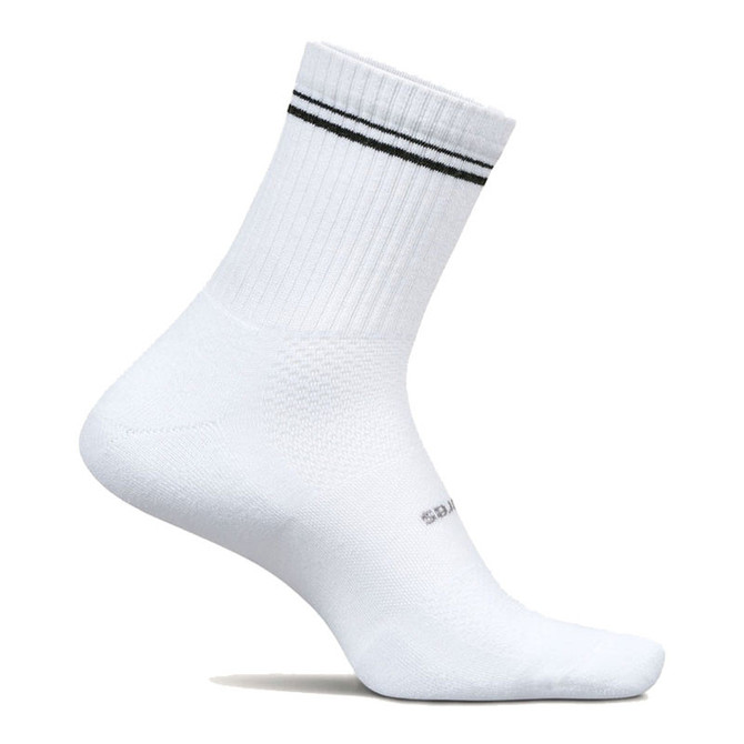 Feetures HP Max Cushion Quarter Sock, white athletic sock with black stripes, designed for maximum cushioning and comfort.