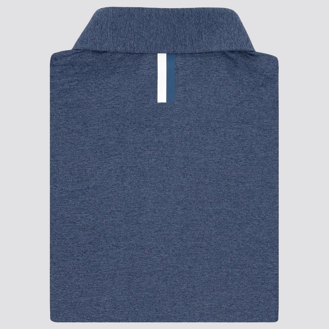 Rhoback Men's Heather Performance Polo, close-up of a blue heather polo shirt with a collar and a small vertical stripe detail on the back.