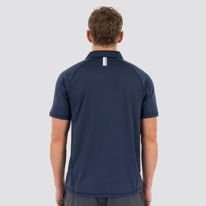 Rhoback Men's Blitz Tech Polo, back view of a man wearing a navy blue performance polo shirt made of quick-drying, breathable fabric with a reflective strip at the collar