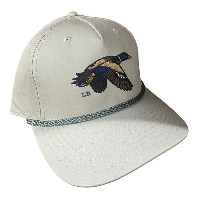 Little River Hat & Clothing Co. Little River Mallard Hat, white baseball cap with embroidered mallard duck and decorative silver rope detail.