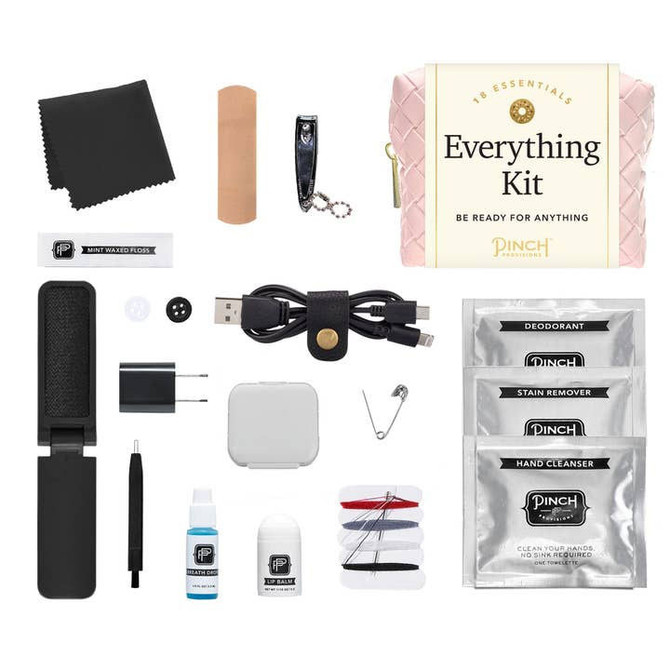 Pinch Provisions Woven Everything Kit, portable travel essentials with various items including floss, adhesive bandage, wristwatch, charger, hand sanitizer, lip balm, and mini sewing kit in a compact pink pouch.