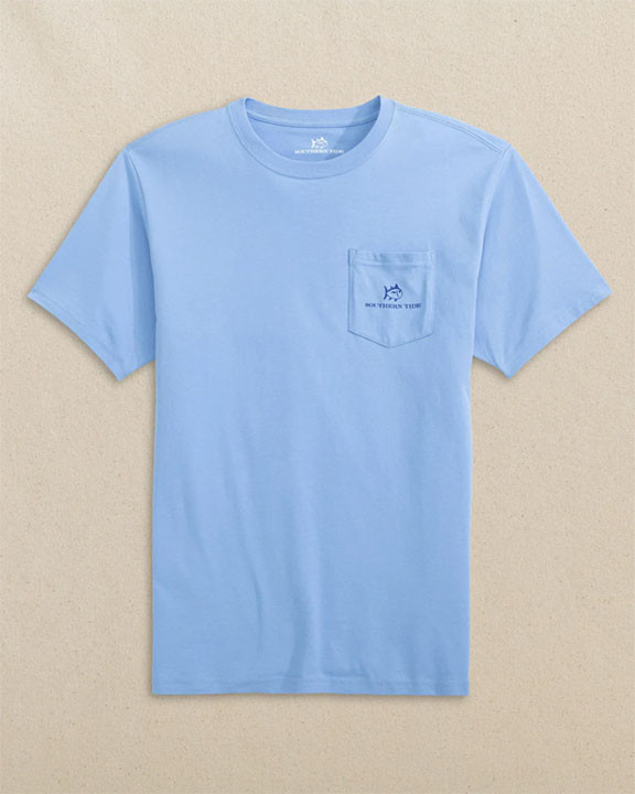 Southern Tide Men's Short Sleeve Trawler Boat Tee, light blue casual T-shirt with a small chest pocket featuring a boat logo.