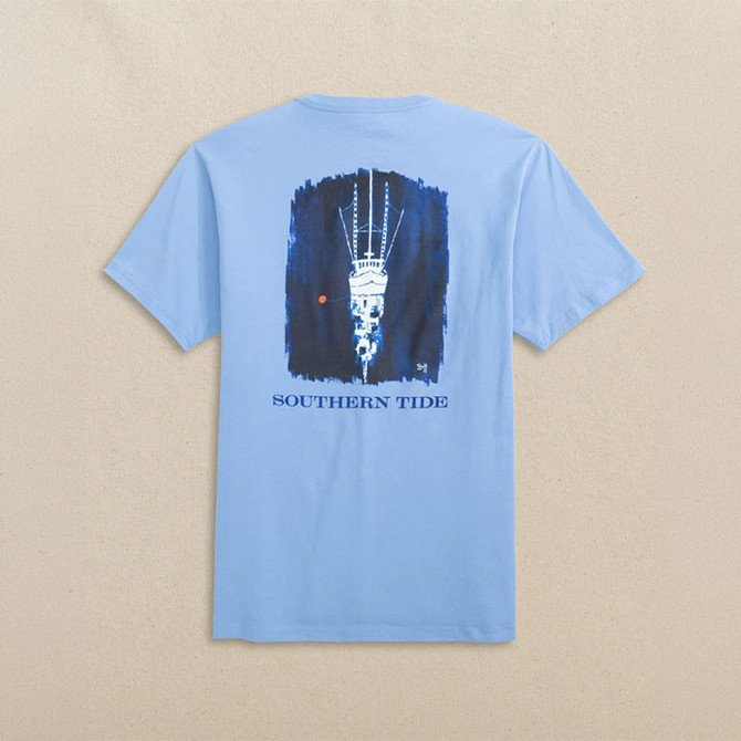 Southern Tide Men's Short Sleeve Trawler Boat Tee, light blue T-shirt featuring a graphic of a boat hanging upside down with the text 'Southern Tide' below it.