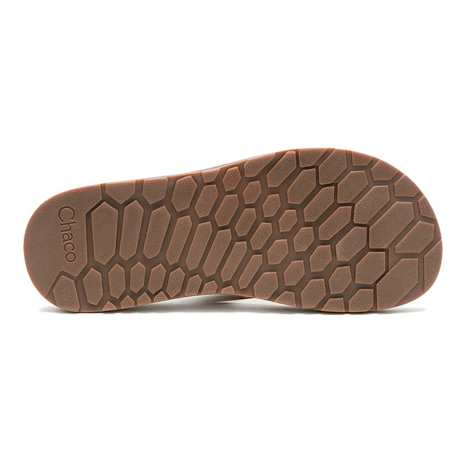 Chaco Sandals Chaco Men's Lowdown Leather Flip Flop, view of the sole showing a honeycomb traction pattern and the brand name embossed on the bottom.