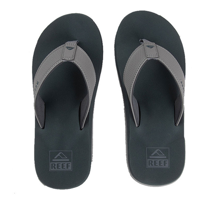 Reef Men's Layback Flip Flop, black and gray slip-on sandal with cushioned straps and cushioned sole for comfort.