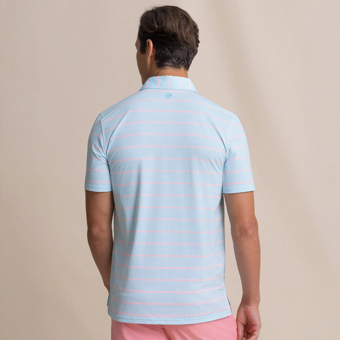 Southern Tide Men's Core Sound Stripe Coastal Breeze Performance Polo, back view of a man wearing a light blue and pink striped polo shirt.