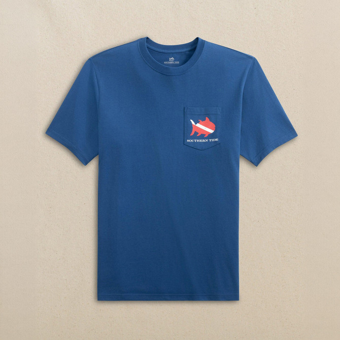 Southern Tide Men's Skip Jack Scuba Flag Tee, blue T-shirt with a pocket featuring a fish logo and the text 'Southern Tide' on the left chest.
