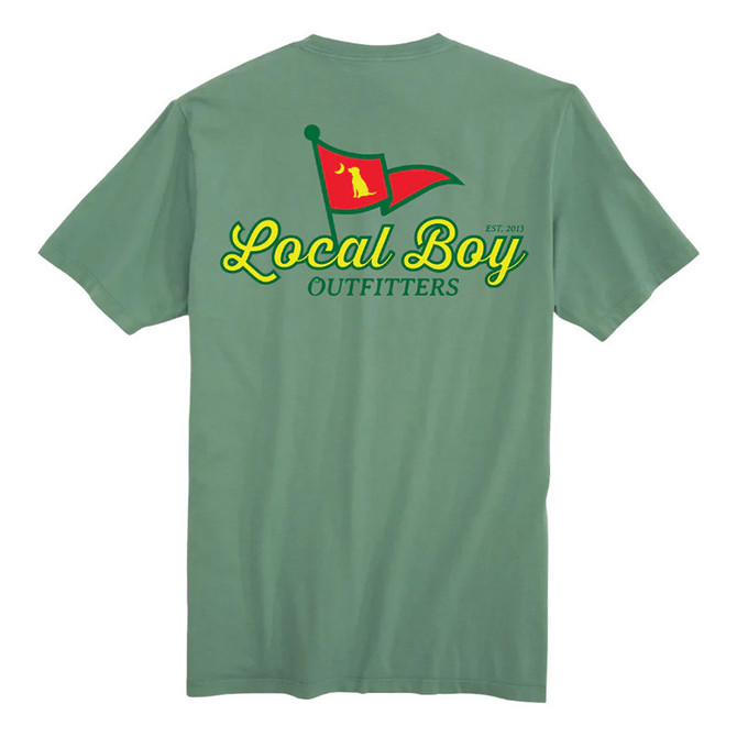 Local Boy Front Pin SS Tee, a light green men's T-shirt with a colorful graphic design of a flag and text on the back.