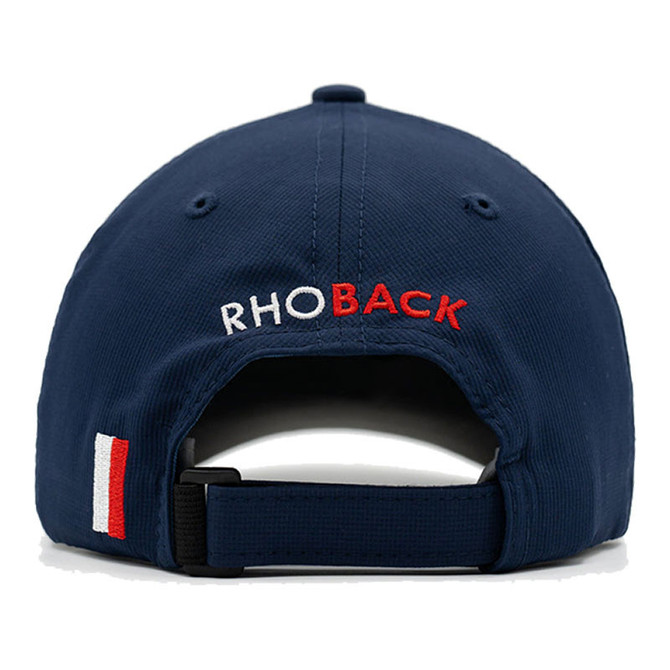 Rhoback Men's Poly Performance Hat, navy blue cap with embroidered logo and adjustable strap at the back.
