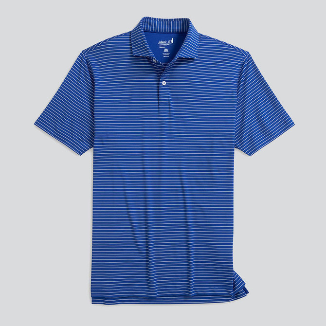 Johnnie-O Men's Performance Jersey Polo - Beau, Blue striped short sleeve polo shirt with collar and button placket.