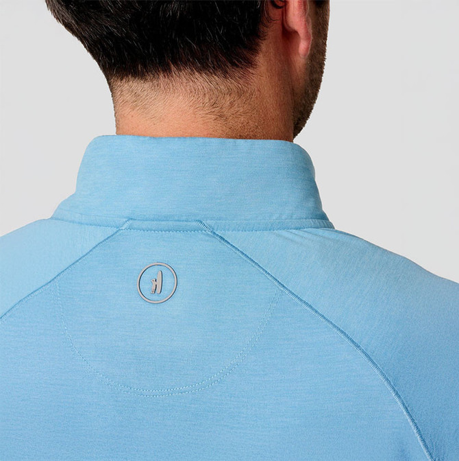 Johnnie-O Men's Freeborne Performance 1/4 Zip Pullover, close-up view of the back collar area showing the logo above the seam.