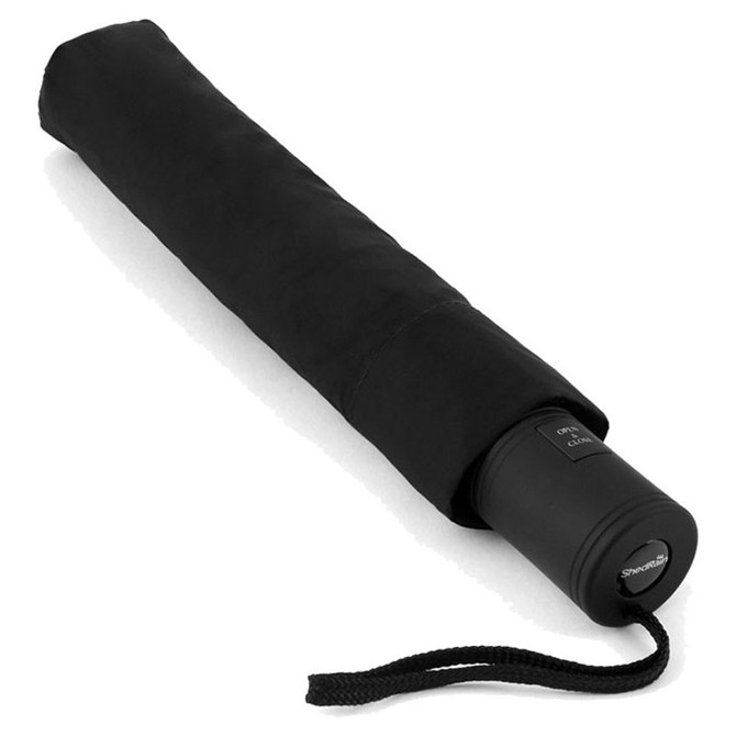 Liberty Mountain Rainessentials Auto Open and Close Compact Umbrella, black compact umbrella with automatic open and close feature and a wrist strap.