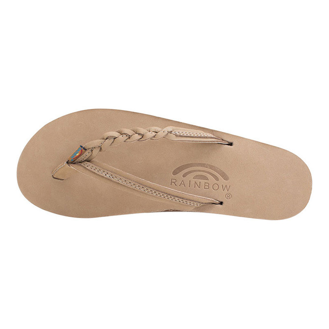 Rainbow Sandals Rainbow Women's Flirty Braidy Sandals, beige flip-flop style sandal with braided thong strap and side zipper detail.