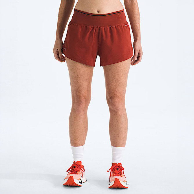 The North Face Women's Summit Pacesetter 3in Short, red athletic shorts with a lightweight, breathable design and elastic waistband, suitable for running or outdoor activities.
