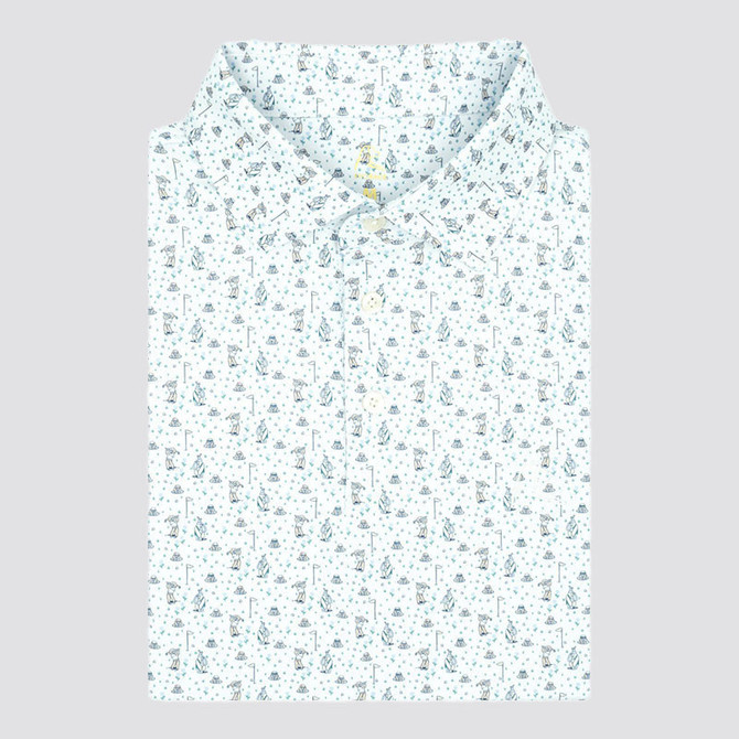 Rhoback Men's The Gopher Performance Polo, white short-sleeve polo shirt featuring a playful gopher and golf-themed print design.