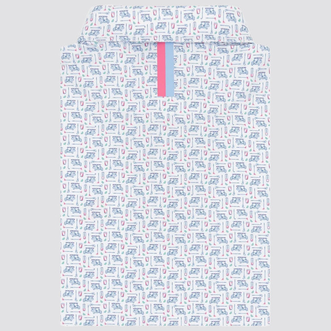 Rhoback Men's The Bev Cart 2.0 Performance Polo, white shirt with a colorful pattern of golf carts, golf balls, and drinks, with a pink stripe on the front.