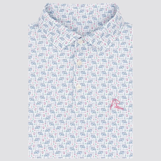 Rhoback Men's The Bev Cart 2.0 Performance Polo, white shirt with a playful print of golf clubs, golf balls, and beverage cups in blue, red, and green, with pink embroidered logo.
