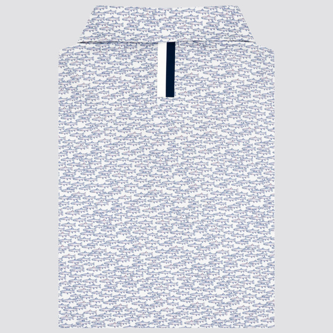 Rhoback Men's The Trout Run Performance Polo, white polo shirt with a blue trout fish pattern.