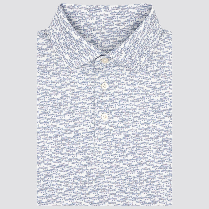 Rhoback Men's The Trout Run Performance Polo, front view of a white short-sleeve polo shirt with a blue fish pattern and button-up front.
