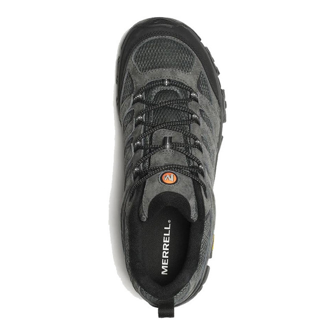 Merrell Men's Moab 3, top view of rugged hiking shoe with black and gray design, durable outsole, and breathable mesh upper ideal for outdoor adventures.