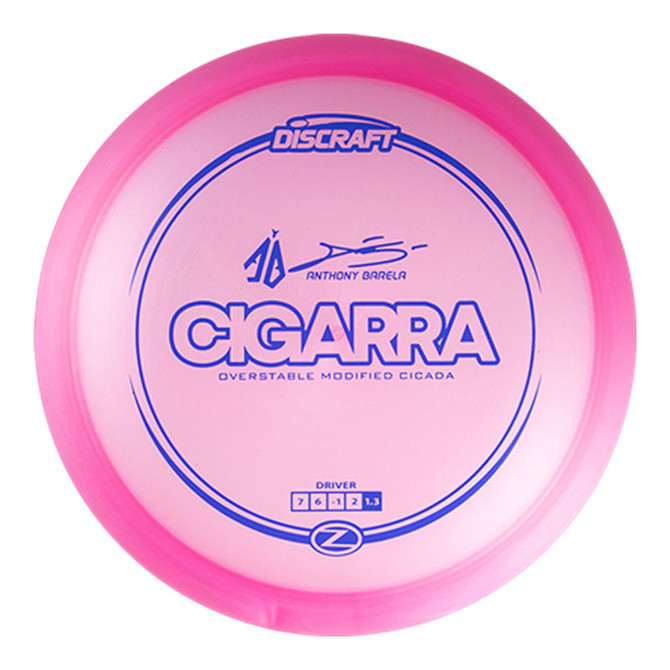 Discraft Anthony Barela Signature Series Z Cigarra, pink overstable disc golf disc with blue lettering and logo.