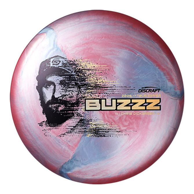 Discraft 2026 Chris Dickerson Tour Series Buzzz disc golf disc, colorful pink and blue marbled design with profile of Chris Dickerson on the surface.