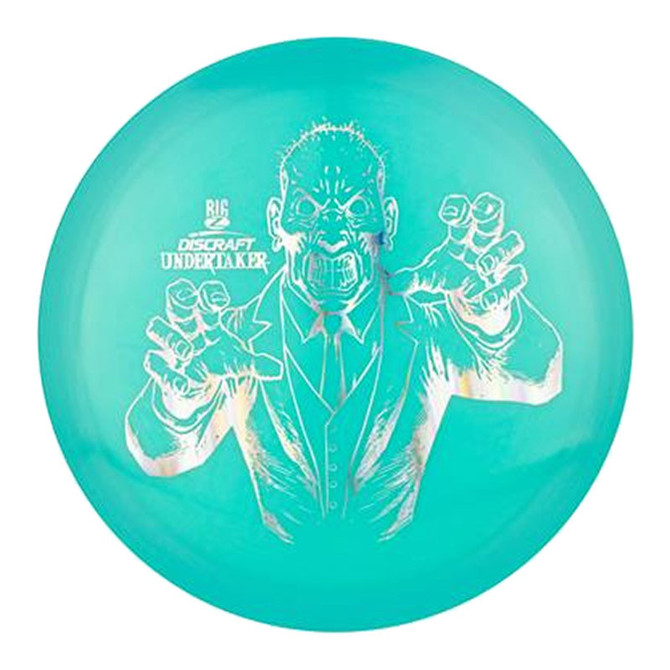Discraft Disc Golf Discraft Big Z Undertaker, teal disc golf disc with an illustration of an undead zombie character in a business suit with hands reaching forward.